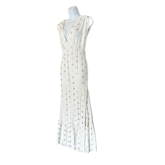 Boden Maxi Dress Size 16/18 White Gold Foil Leaves Ruffle Hem Deep V-Neck NWT - Picture 5 of 11